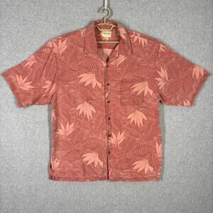 Joseph Feiss Shirt Mens 2XL XXL Red Silk Hawaiian Loop Camp Tiki Palm Faded READ